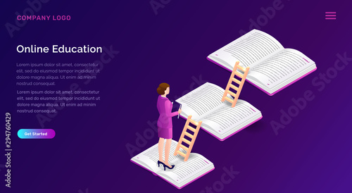 Online education or library isometric concept vector illustration. Open books, wooden stairs and female figure on violet background, landing web site page for educational, training or language courses