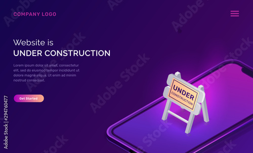 Website under construction, maintenance work or error page isometric concept vector illustration. Mobile phone screen and warning road traffic sign, purple ultraviolet web page banner