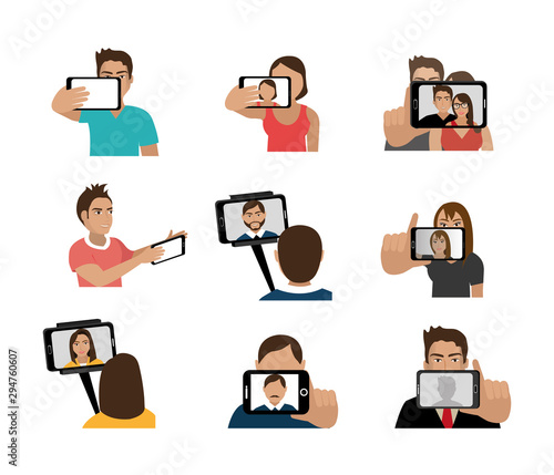 bundle of people taking selfies vector illustration design