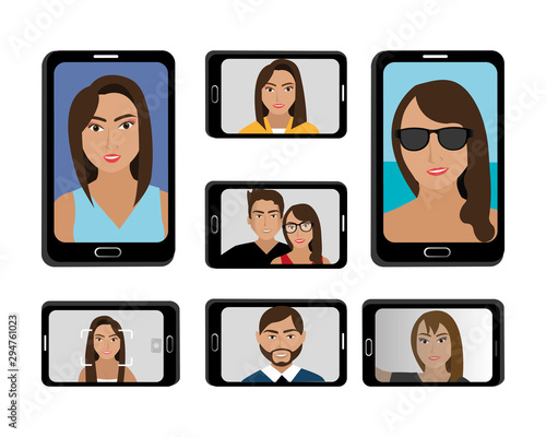 bundle of smartphone with selfies vector illustration design