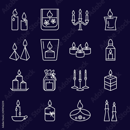 Burning candles icons set in thin line style