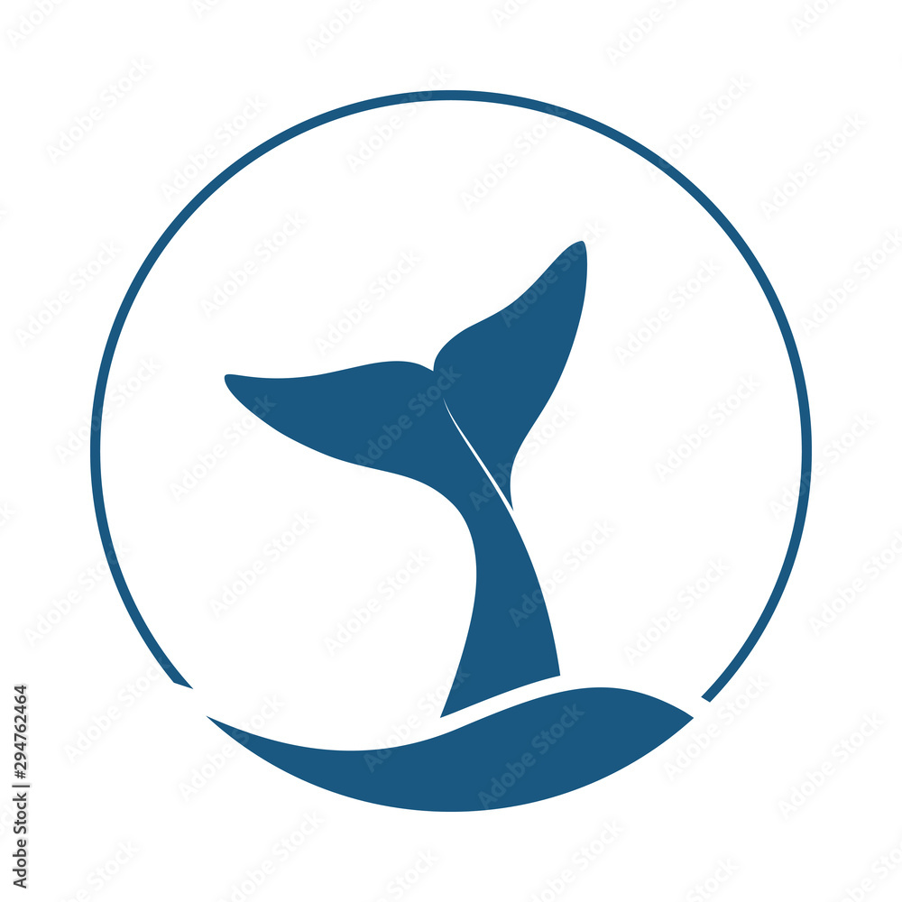 Whale tail graphic icon. Whale tail sign in the circle isolated on white background. Sea life symbol. Logo. Vector illustration - obrazy, fototapety, plakaty 