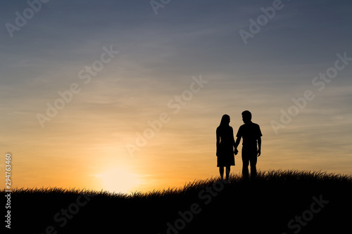 Silhouettes of couple man and woman in nature sunset background. Love concept. © cofficevit