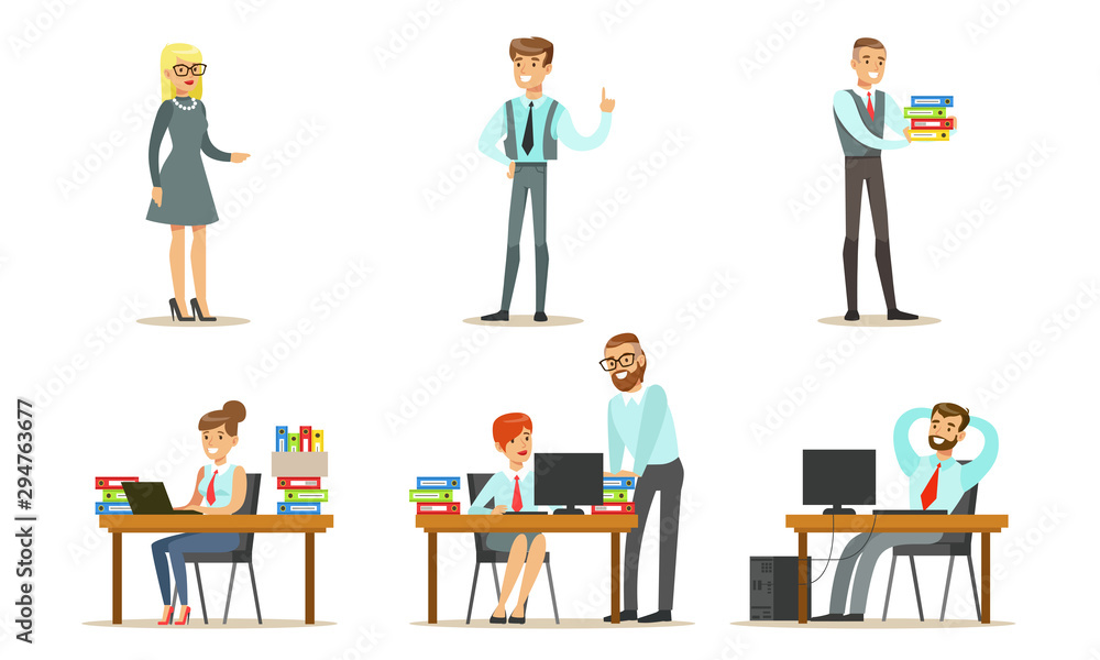 People Working in the Office Set, Male and Female Business Characters or Office Workers Sitting at Desks with Computers and Standing Vector Illustration
