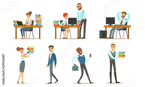 People Working in the Office Set, Male and Female Business Characters or Employee Sitting at Desks with Computers and Standing, Office Work Occupation Elements Vector Illustration © topvectors