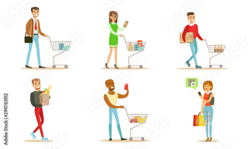 People Carrying Shopping Bags and Pushing Carts with Purchases Set, Men and Women Buying Groceries Taking Part in Seasonal Sale at Store Vector Illustration