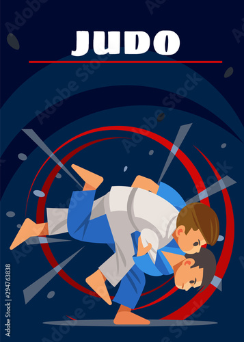 judo poster. kids sports. vector cartoon flat illusration.