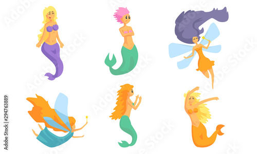 Collection of Cute Fairy Tale Mermaids and Beautiful Fairies in Flight Vector Illustration