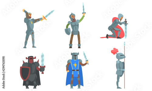 Medieval Knights with Swords Set, Ancient Warriors Historical Characters in Armour Vector Illustration