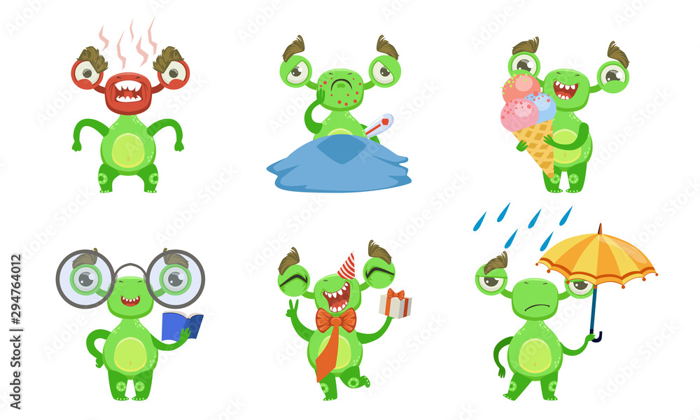 Obraz premium Funny Little Monster with Various Emotions Set, Cute Green Mutant Cartoon Character in Different Situations Vector Illustration