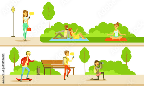 People Relaxing and Doing Sports in the Public Park, Men and Women Doing Yoga, Having Picnic, Skateboarding, Photographing Vector Illustration