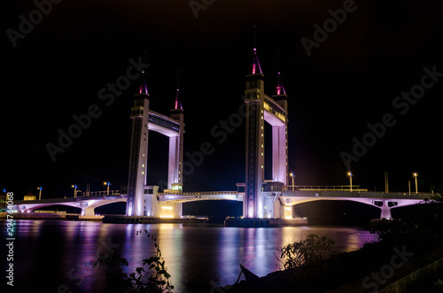 Kuala Terengganu iconic drawbridge light up at night.