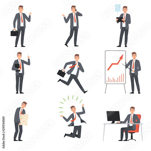 Businessmen characters, people in business suits in different situations vector illustration