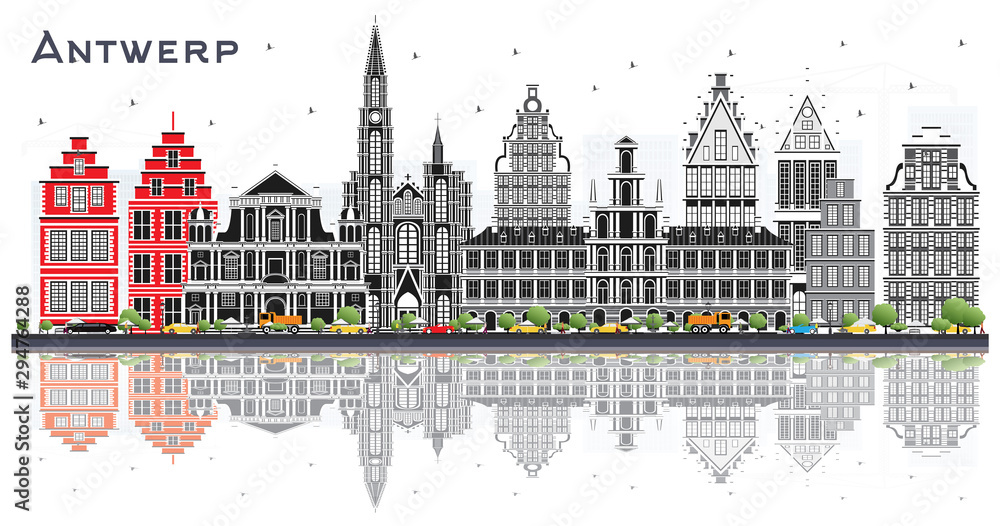 Antwerp Belgium City Skyline with Gray Buildings and Reflections Isolated on White.