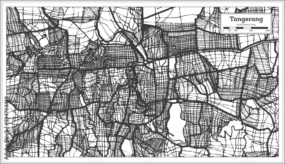 Tangerang Indonesia City Map in Black and White Color. Outline Map.