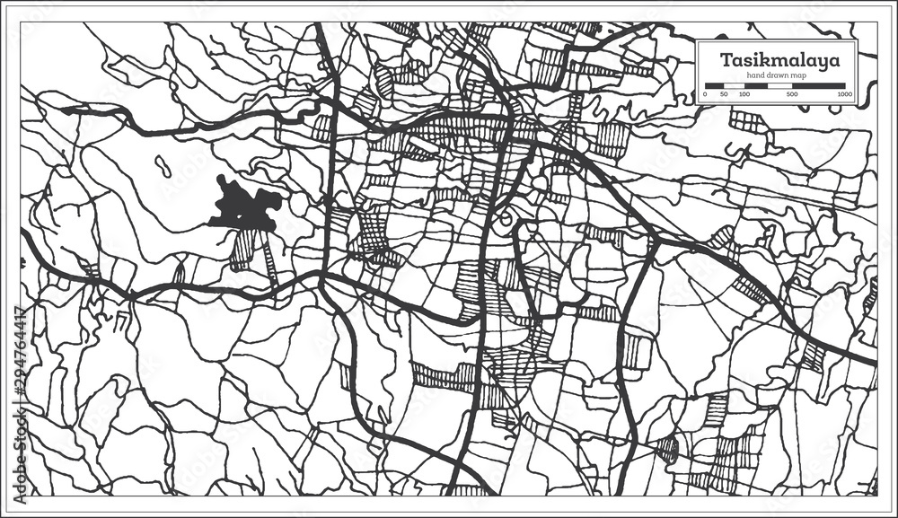 Tasikmalaya Indonesia City Map in Black and White Color. Outline Map.