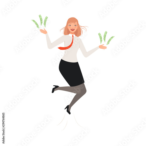 Joyful Businesswoman Get Money character Illustration Vector