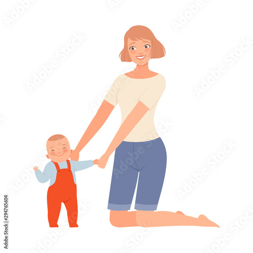 Mother supports her baby character Illustration Vector