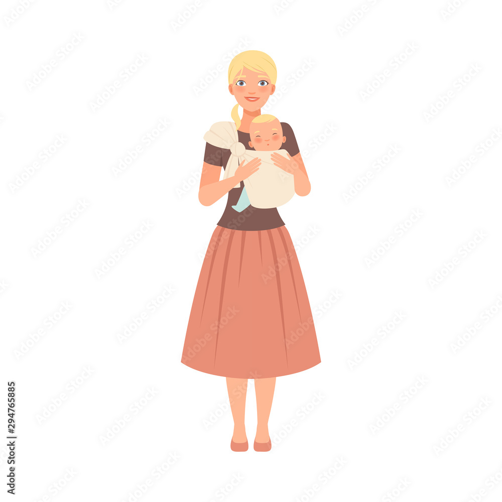 Mom wears a sling with a baby character Illustration Vector Mom wears a sling with a baby character Illustration Vector