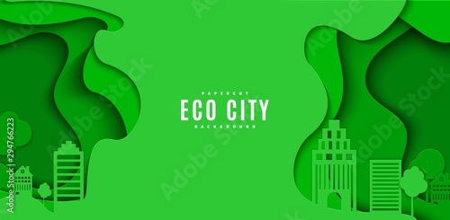 Abstract green flyer in cut paper style. Cutout trees and building wave template for save the Earth posters, city ecology brochures, ienvironmental Protection .Vector horizontal illustration