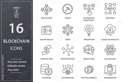 Blockchain line icons set. Black vector illustration. Editable stroke.