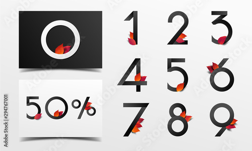 Beautiful alphabet number collection with red realistic leaves decoration. Futuristic fonts design in modern black color decorated with dry leaf. Vector illustration.