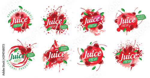Set of vector logos splashing cherry juice on white background