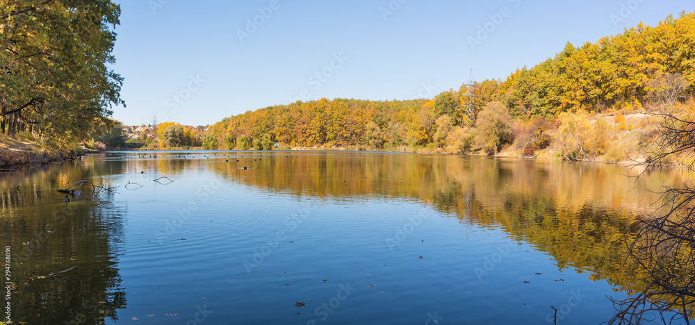Fototapeta premium Panorama, view of a beautiful lake with ducks, autumn park and blue sky