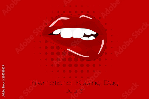 International Kissind Day. July 6.  Sweet sexy pop art Pair of Glossy Vector Lips. Open Sexy wet red lips with teeth pop art illustration on red background