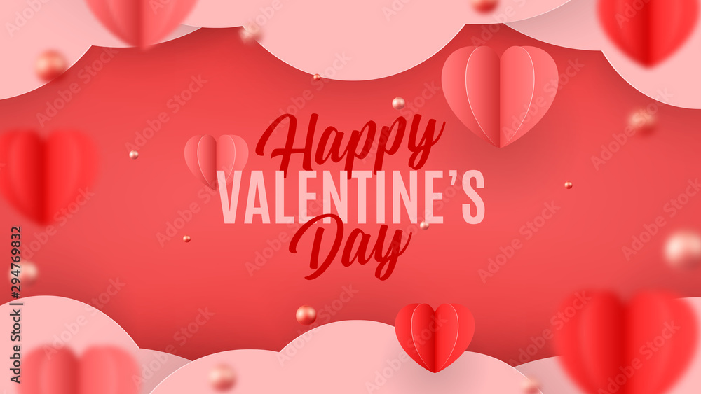 Happy Valentine's Day background in paper art style. Holiday banner with paper hearts and clouds. Festive vector illustration with pink and red balls.