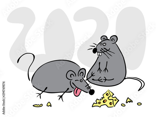 resting a pair of well-fed gray mice overeating with cheese. holiday party 2020