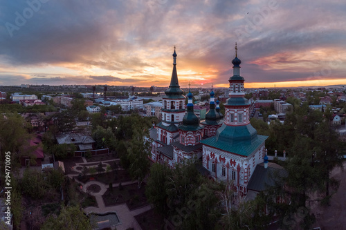 Top view on the Holy Cross Church in Irkutsk at sunset