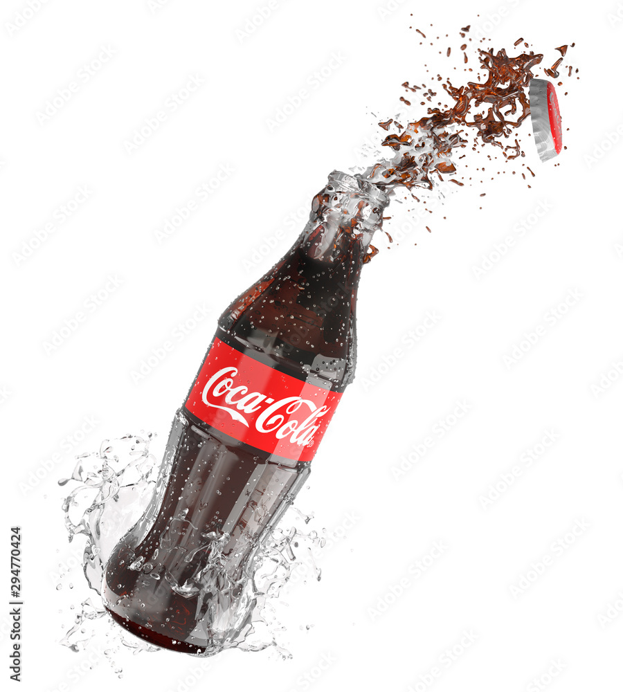 Coca-Cola bottle with splash isolated on white background Coca Cola is the  most popular carbonated beverage sold worldwide Stock Photo | Adobe Stock