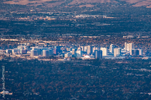 Aerial view of the buildings in downtown San Jose at sunset; Silicon Valley, California photo