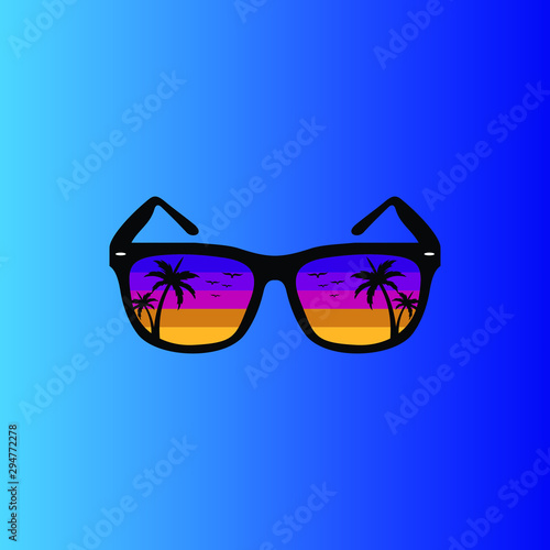 Sunglasses summer with palm beach sunrise. Vector illustration