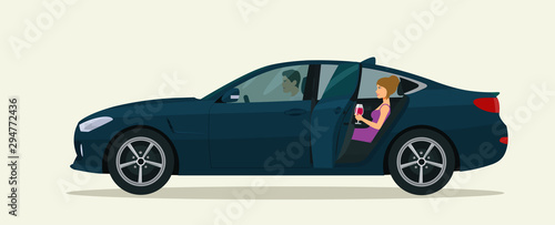 А sedan car with a driver, a man and a woman in the back seat with an open door. Vector flat style illustration.