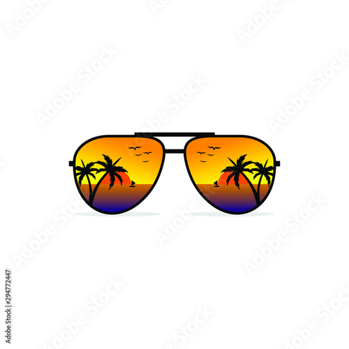 Sunglasses summer with palm beach sunrise. Vector illustration
