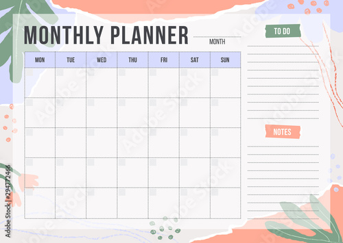 Floral monthly planning template with pieces of torn paper, flower and chalk line. Blank monthly planner with notes in pastel colors. Simple stylish organizer design. Vector illustration