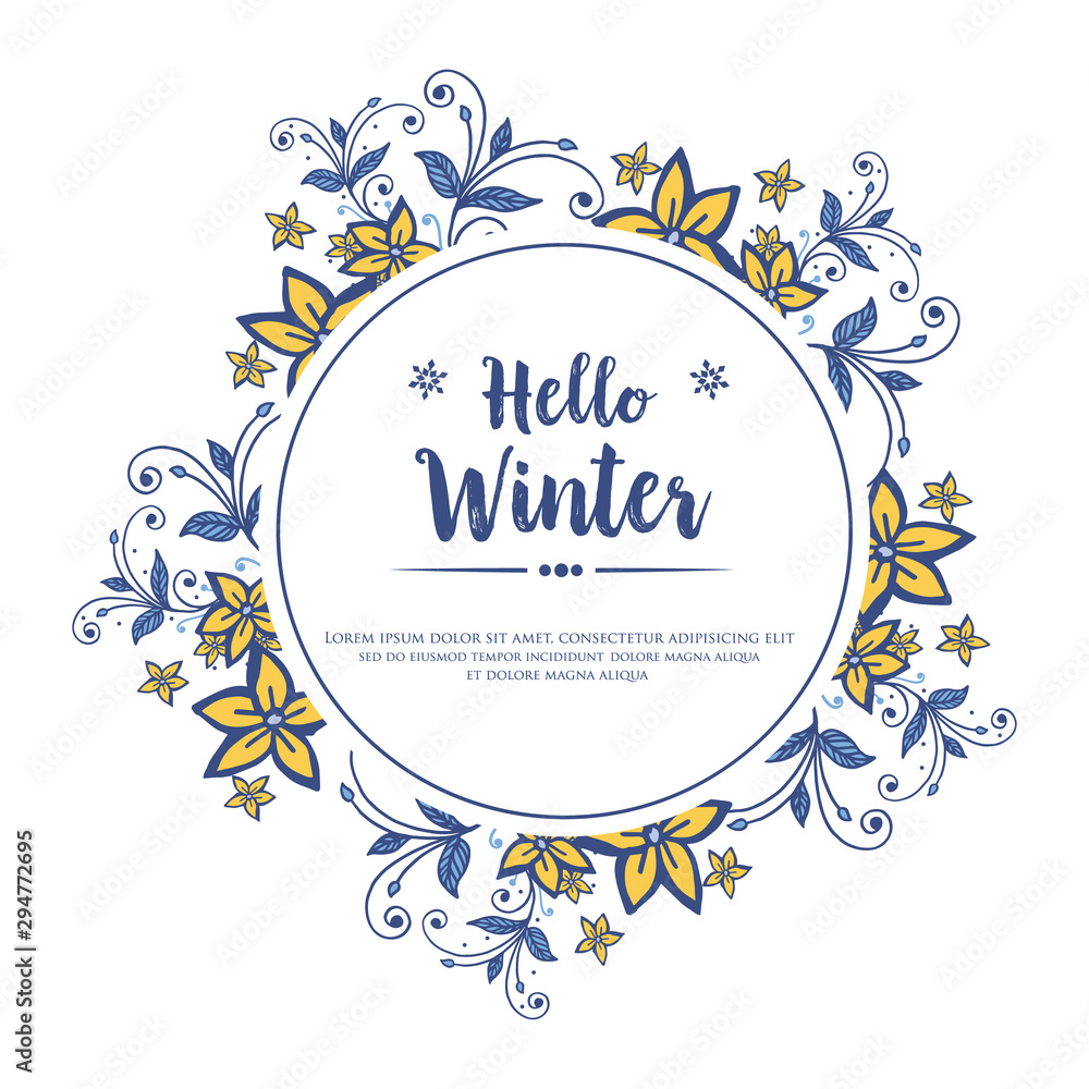 Obraz premium Banner lettering of hello winter, with art style of yellow flower frame. Vector