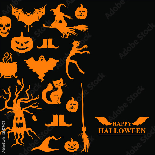 Vector illustrations of Halloween greeting card with horror elements on black background