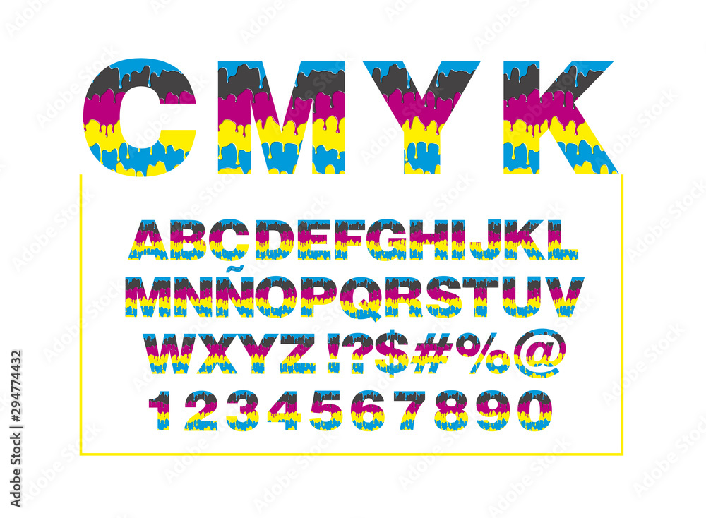 CMYK alphabet. Composition from unrecognized different letters and drops and streaks, Offset print style font design, alphabet letters and numbers, vector illustration