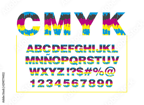 CMYK alphabet. Composition from unrecognized different letters and drops and streaks, Offset print style font design, alphabet letters and numbers, vector illustration