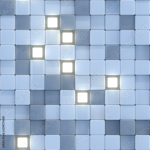 Seamless pattern of blue and glowing yellow cubes 3D render