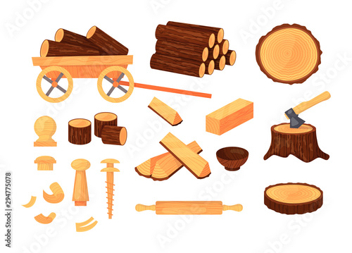 Wood material and products, tree trunks, bark, cart with firewood, branches, planks, wooden furniture, chest, shavings. Logs and boards for the forest industry set cartoon vector illustration