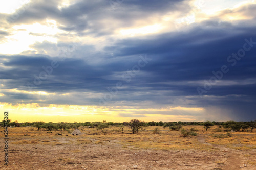 Storm clouds getting closer, nearly covering the sun, Etosha, Namibia, Africa