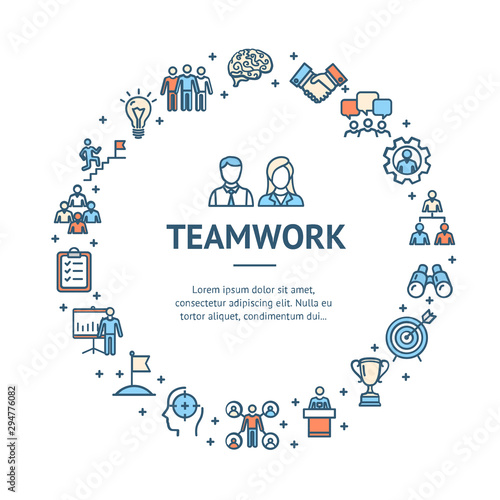 Teamwork Signs Round Design Template Thin Line Icon Concept. Vector