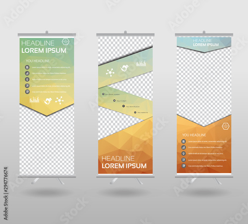 Roll Up Banner template and info graphics stand design, advertisement, display, business flyer, polygon background. vector illustration.