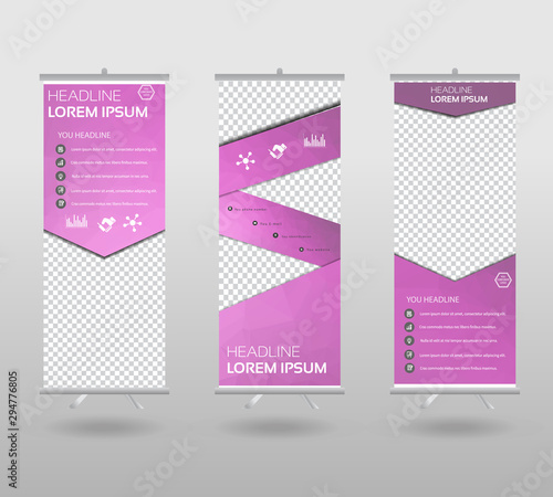 Roll Up Banner template and info graphics stand design, advertisement, display, business flyer, polygon background. vector illustration.
