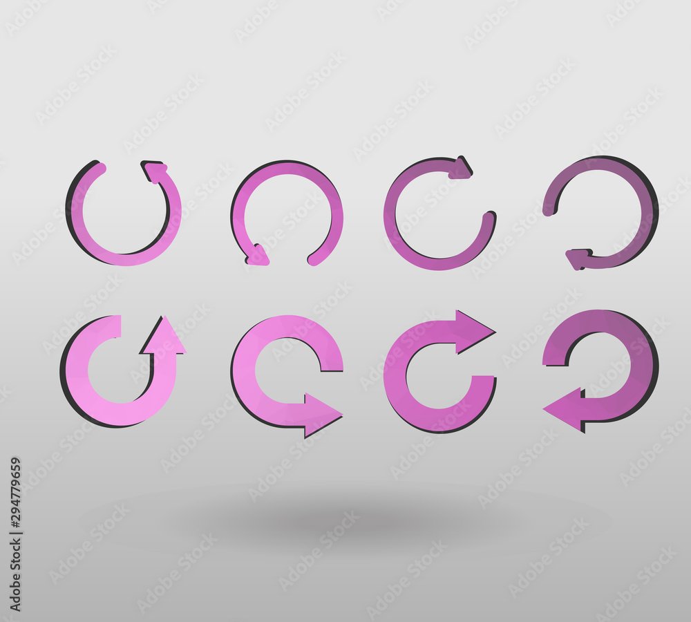 Arrow refresh icon reload sign set with polygonal triangles style. colorful arrow shape in modern polygonal crystal style on white background. Arrow refresh icon reload sign set with polygonal triangles style. colorful arrow shape in modern polygonal crystal style on white background.
