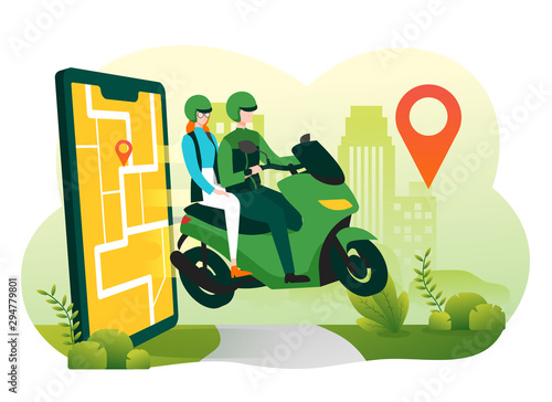 Online motorcycle transportation with smartphone app. Illustration for webpage, landing page, infographic and banner